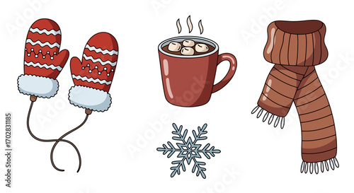 Cozy Winter Illustration Set Featuring Mittens, Hot Chocolate, Scarf, and Snowflake, Perfect for Seasonal Greetings and Holiday Decoration Projects
