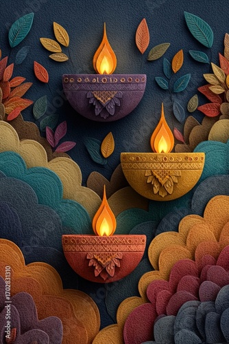 Colorful Diwali banner with modern diya and festive background