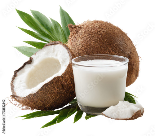 Fresh coconut halves and milk