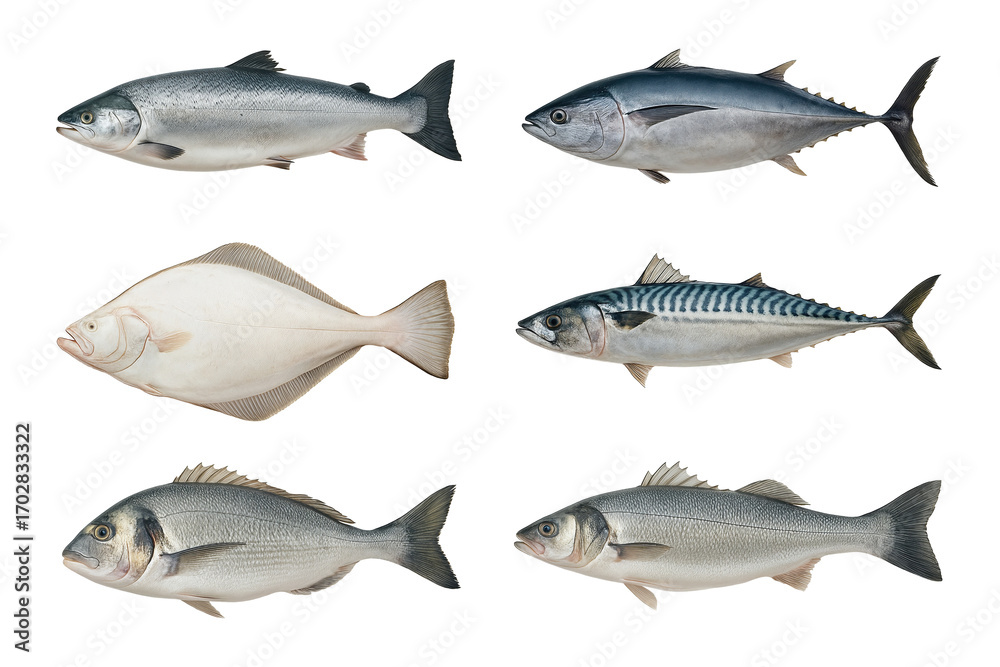Fototapeta premium A collection of fresh fish, including salmon, tuna, halibut, mackerel, sea bream, and sea bass, displayed on transparent background, for market or cuisine themes.