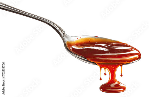 Spoonful of dark reddish-brown sauce dripping