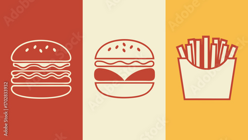 Minimalist graphic fast food icons burger fries hamburger french