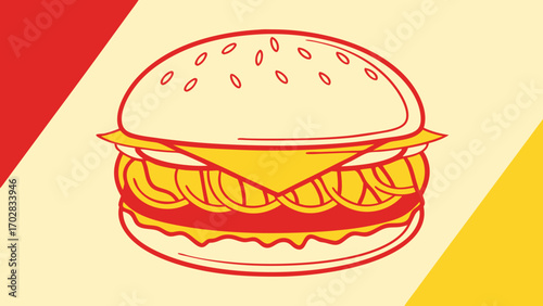 Minimalist red yellow chicken burger flat design food fast