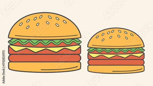 Two flat design cheeseburgers with two patties lettuce food fast
