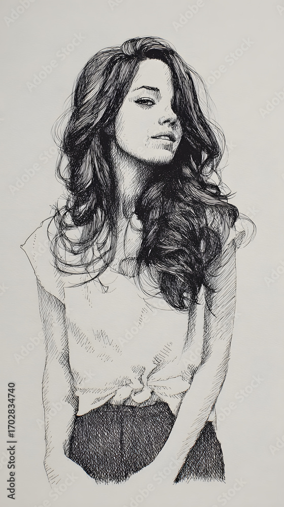 Fototapeta premium full body portrait of a young woman with long wavy hair in casual clothes