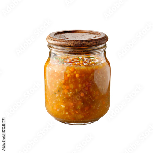 Delicious Red Lentil Soup in Glass Jar with Wooden Lid