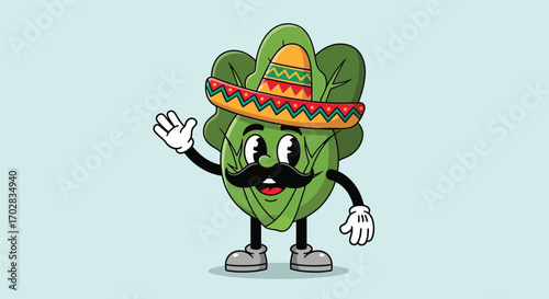 Cartoon spinach character wearing a sombrero.