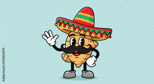 Cartoon ginger root character wearing a sombrero, waving, and sporting a mustache.