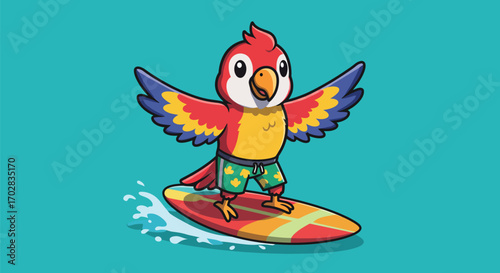A cute cartoon parrot with colorful wings and green shorts happily surfs on a red and yellow surfboard, creating a splash on a teal background.