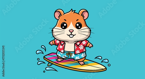 A cute cartoon hamster wearing a Hawaiian shirt and shorts, surfing on a colorful surfboard with water splashes.