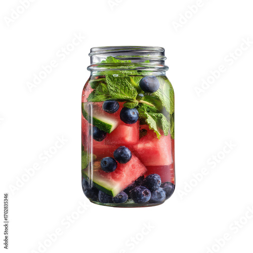 Refreshing Watermelon, Blueberry, and Mint Infused Water in Mason Jar