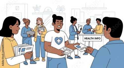 Diverse group of people at a health information event, receiving and distributing flyers.
