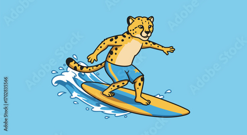 A cartoon cheetah wearing blue and yellow swim shorts is actively surfing on a wave, depicted against a light blue background.