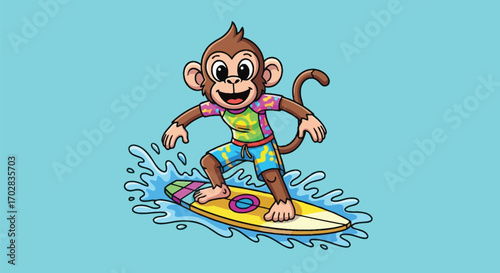 A cheerful cartoon monkey wearing a tie-dye shirt and shorts surfs on a yellow surfboard.