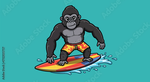 A muscular gorilla wearing colorful swim trunks surfs on a surfboard with red, yellow, and blue stripes.