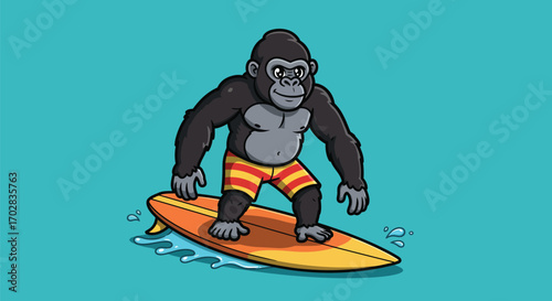 Cartoon gorilla wearing striped shorts surfing on a yellow surfboard in blue water, enjoying a summer day.