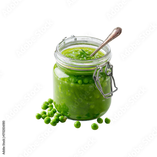 Homemade Pea Puree in Glass Jar with Fresh Peas