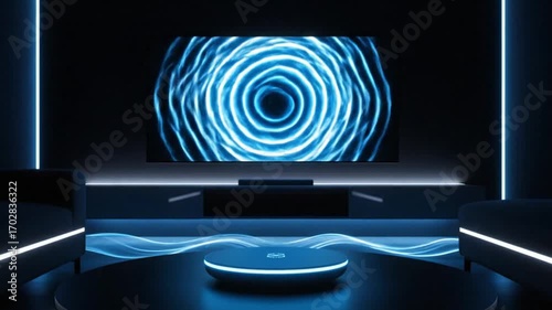 Futuristic dark room with glowing blue neon lights and a central screen displaying an abstract glowing circle