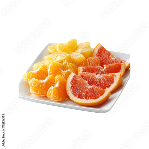 Juicy Citrus Fruit Platter Oranges and Grapefruit Slices on White Plate
