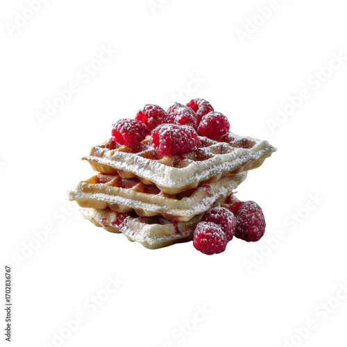 Delicious Stack of Waffles with Fresh Raspberries and Powdered Sugar
