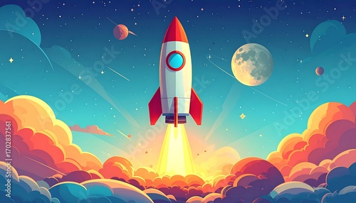 Rocket launching into space amidst clouds