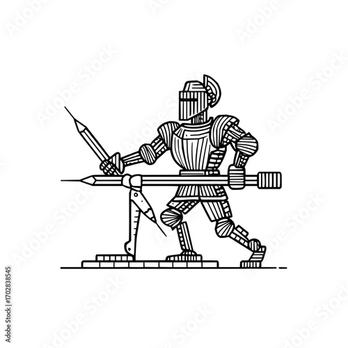 Illustration of armored knight warrior wielding pencil and drafting tools for design and creative projects