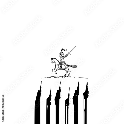 Medieval knight warrior riding horse with sword black and white illustration vector artwork design image art