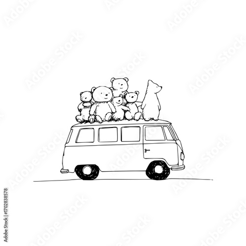 Bears on a bus cute illustration teddy bears traveling together adorable sketch black and white drawing art