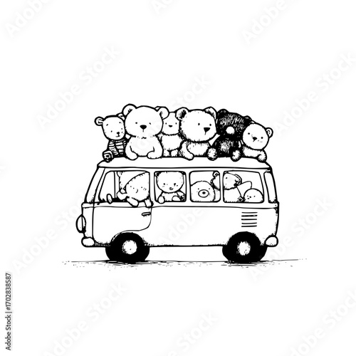 Cute teddy bear stuffed animal toy van illustration drawing black and white adorable happy travel trip vacation 100