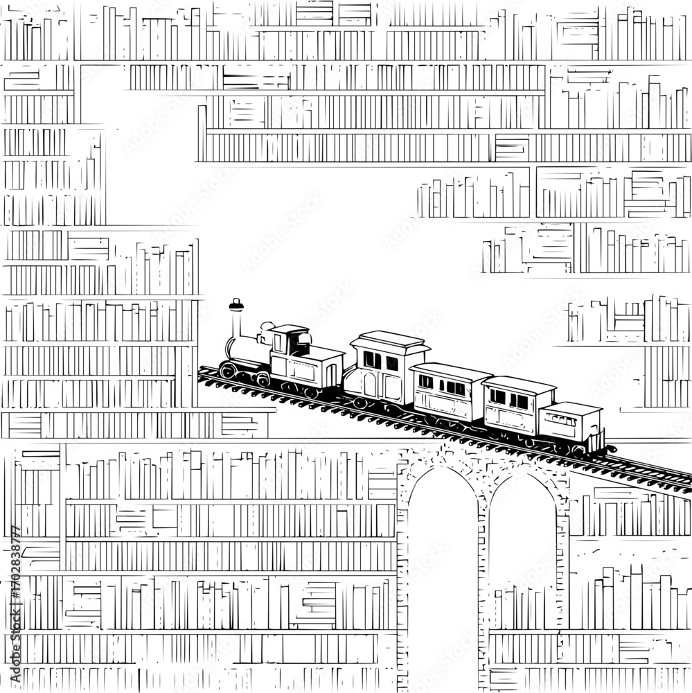 Obraz premium Bookstore train ride vintage illustration with books and locomotive in black and white line art drawing