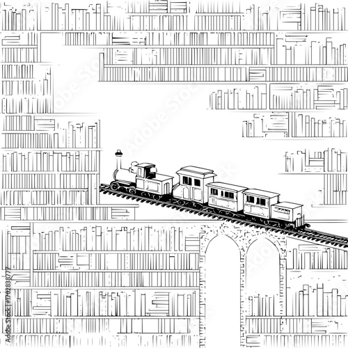 Bookstore train ride vintage illustration with books and locomotive in black and white line art drawing