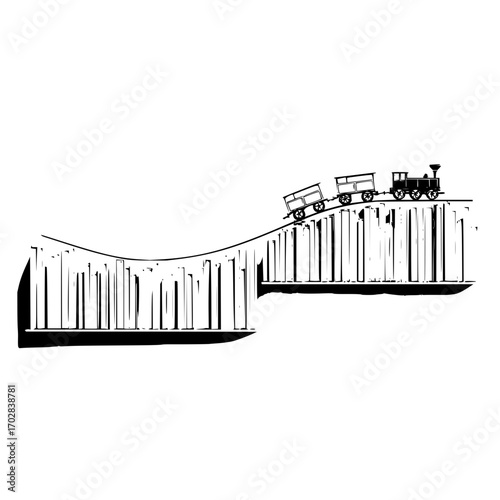 Vintage black and white roller coaster train ride illustration amusement park design vector graphic image