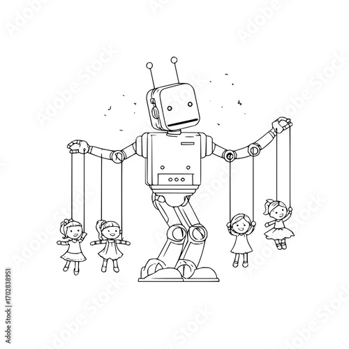 Robot puppeteer with girls coloring page vector illustration for kids and adults coloring activity 100