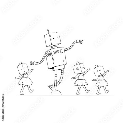 Robot dancing with children drawing sketch illustration ai generated art for kids and adults black and white line art