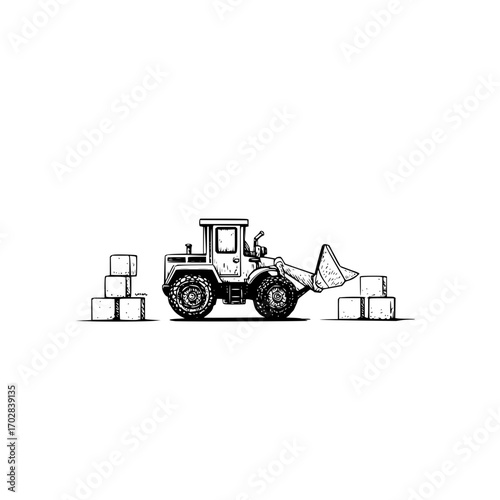 Illustration of loader tractor moving blocks construction equipment machinery vehicle heavy duty work tool sketch art