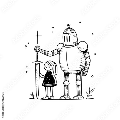 Girl knight with sword and robot doodle art illustration for fantasy art drawing and sketch design concept