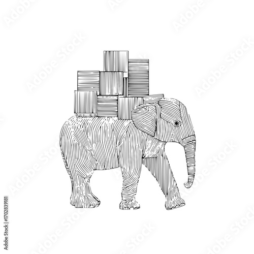 Illustration of elephant carrying boxes animal transport drawing black and white line art design vector image