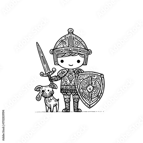 Cute cartoon knight with sword and shield and dog illustration for kids coloring book and design 100