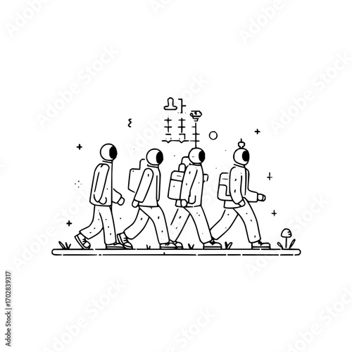 Astronauts walking in space exploration line art illustration for sci fi fans and space travel enthusiasts