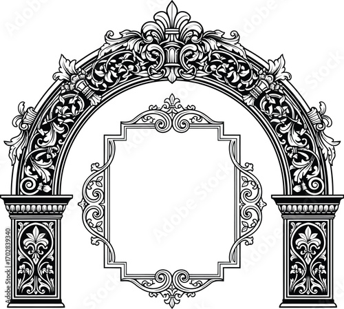 Ornate Vintage Archway with Decorative Frame: Monochrome Vector Illustration