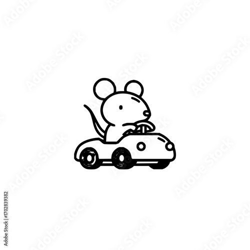Mouse driving car illustration cute cartoon animal vehicle transportation rodent auto drawing line art design