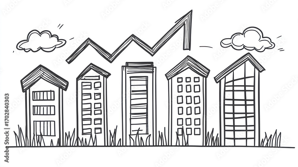 Fototapeta premium Rising Real Estate: Hand-Drawn Buildings with Upward Trend Line and Clouds