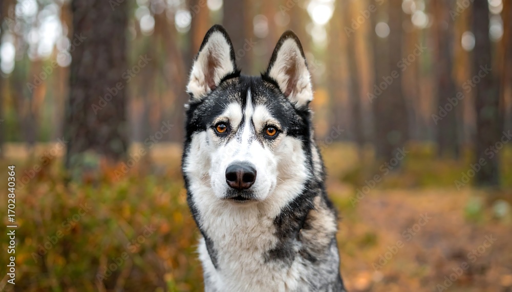 Obraz premium Siberian Husky Dog Portrait in Autumn Forest.