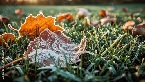 Close-up of frosted autumn leaves on grass at sunrise perfect for fall season decor nature background landscape cold morning crisp colors