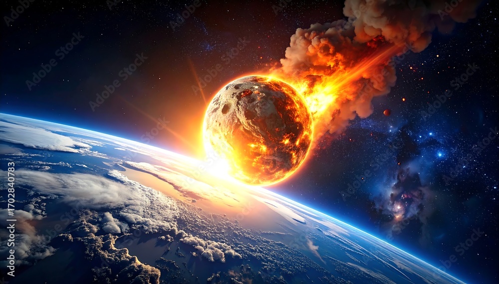 Fototapeta premium A celestial event A fiery, celestial body hurtles toward planet Earth, causing a dramatic, explosive impact