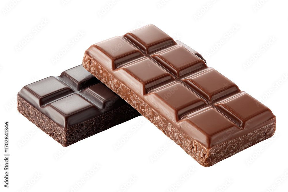 Obraz premium Two dark and milk chocolate bars, diagonally overlapping, showcasing a glossy surface and segmented texture