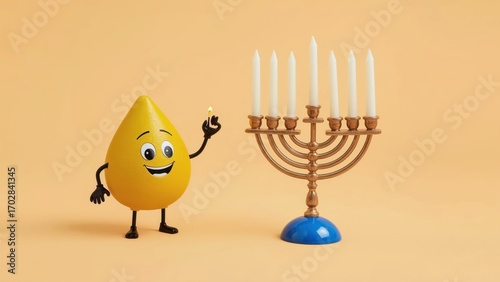 Happy lemon character smiling pointing menorah lighting candles for Hanukkah celebration festival tradition background design greeting card winter holiday symbol bright colors