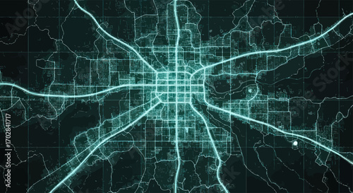 Abstract city map illustration with futuristic glowing road network visualization