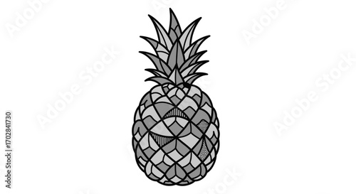 Abstract grayscale pineapple illustration showcasing geometric designs and intricate details