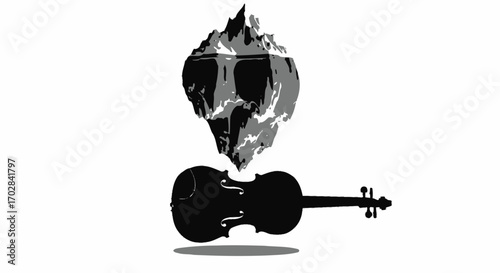 An abstract representation of musical harmony, depicted by a violin and rocky mountain landscape